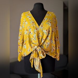 Polly & Esther Mustard Floral V-Neck Flow Top